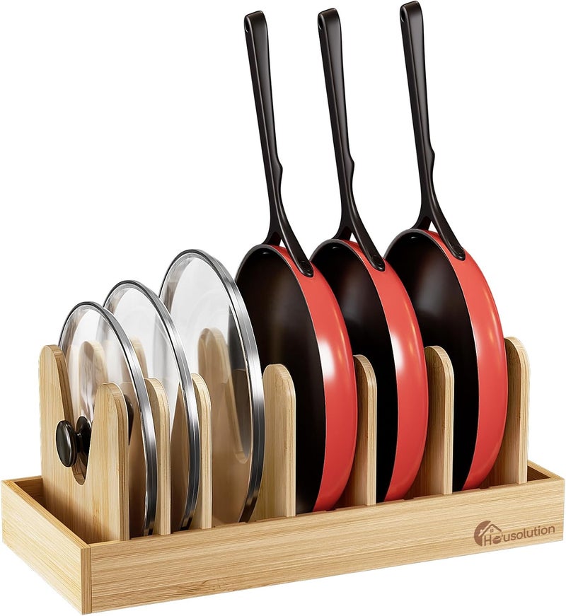 Housolution Bamboo Pot and Pan Organizer for Cabinet, Pot Lid Organizer with 7 Adjustable Dividers, Pan Holder Storage Rack with Solid Bamboo Wooden Base - Image 1